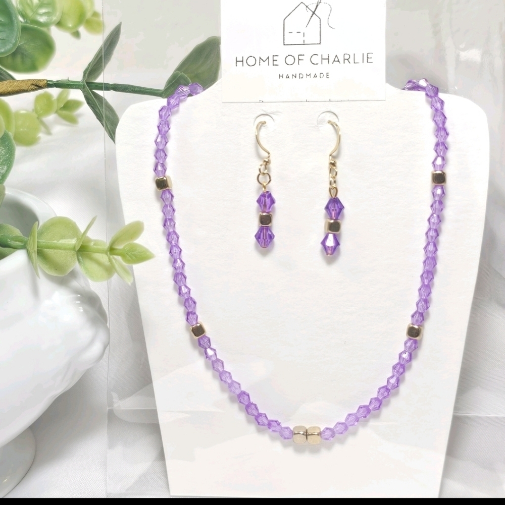 Purple Czech Crystal Beads Simple Minimalist  Necklace Earrings Jewelry Set